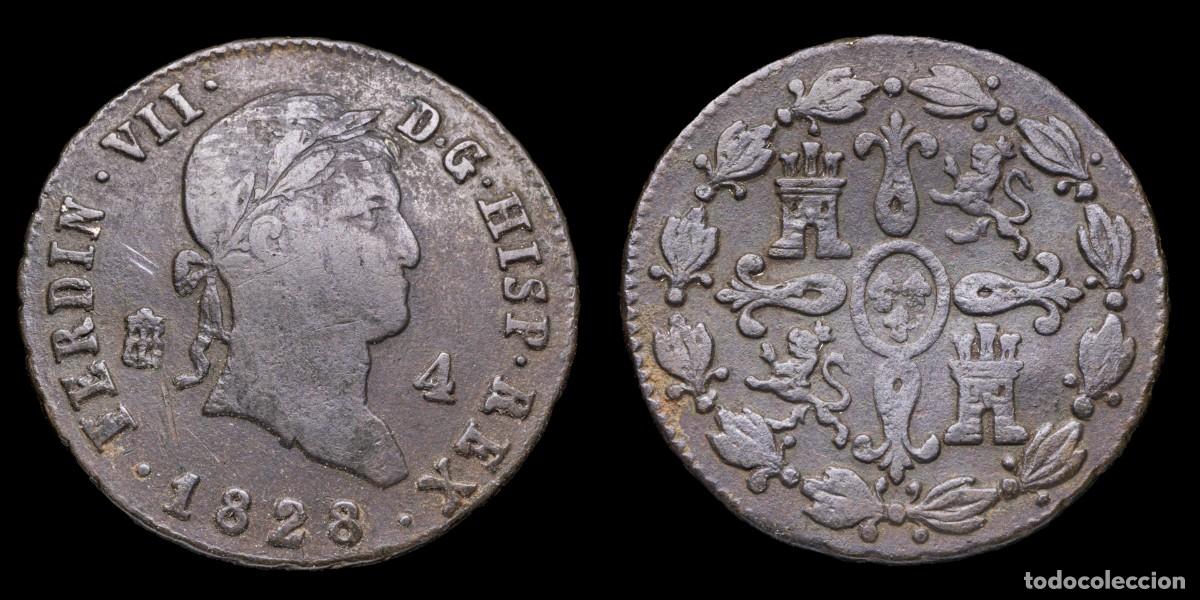 Monedas de Espa&ntilde;a: 1828, 4 Maravedis Ferdinand VII, Segovia Mint - 24 mm / 5,48 gr.