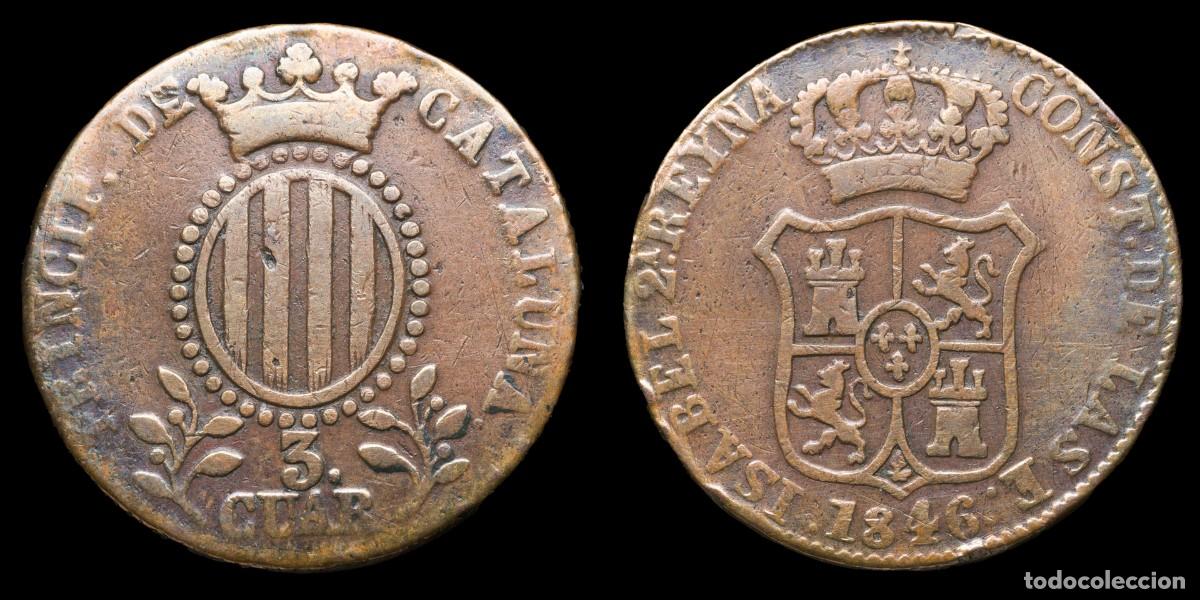 Monedas de Espa&ntilde;a: 1846, 3 Cuartos Isabella II, Principado de Catalu&ntilde;a Mint - 26 mm / 7,03 gr.