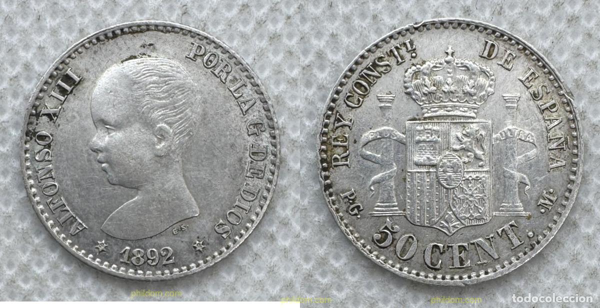 Moedas de Espanha: 5482 ESPA&Ntilde;A 1892 ALFONSO XIII 50 CENTIMOS 1892 9-2 MADRID