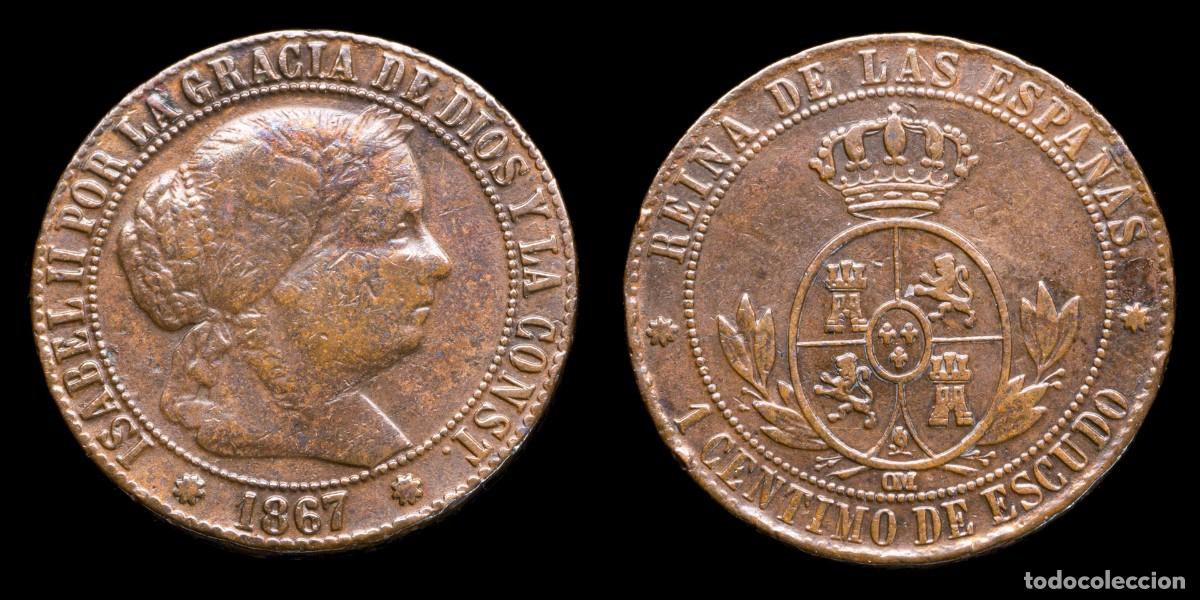 Monedas de Espa&ntilde;a: 1867, 1 Centimo de Escudo Isabella II, Barcelona Mint - 18 mm / 2,49 gr.