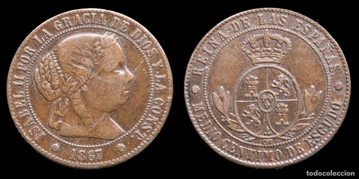 Monedas de Espa&ntilde;a: 1867, 1/2 Centimo de Escudo Isabella II, Barcelona Mint - 15 mm / 1,15 gr.
