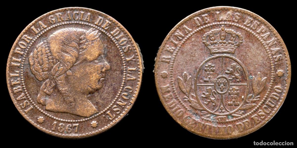 Monedas de Espa&ntilde;a: 1867, 1/2 Centimo de Escudo Isabella II, Barcelona Mint - 15 mm / 1,23 gr.