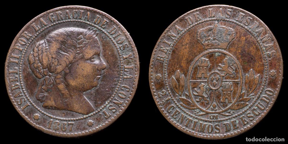 Monedas de Espa&ntilde;a: 1867, 2 1/2 Centimos Isabella II, Barcelona Mint - 25 mm / 6,10 gr.