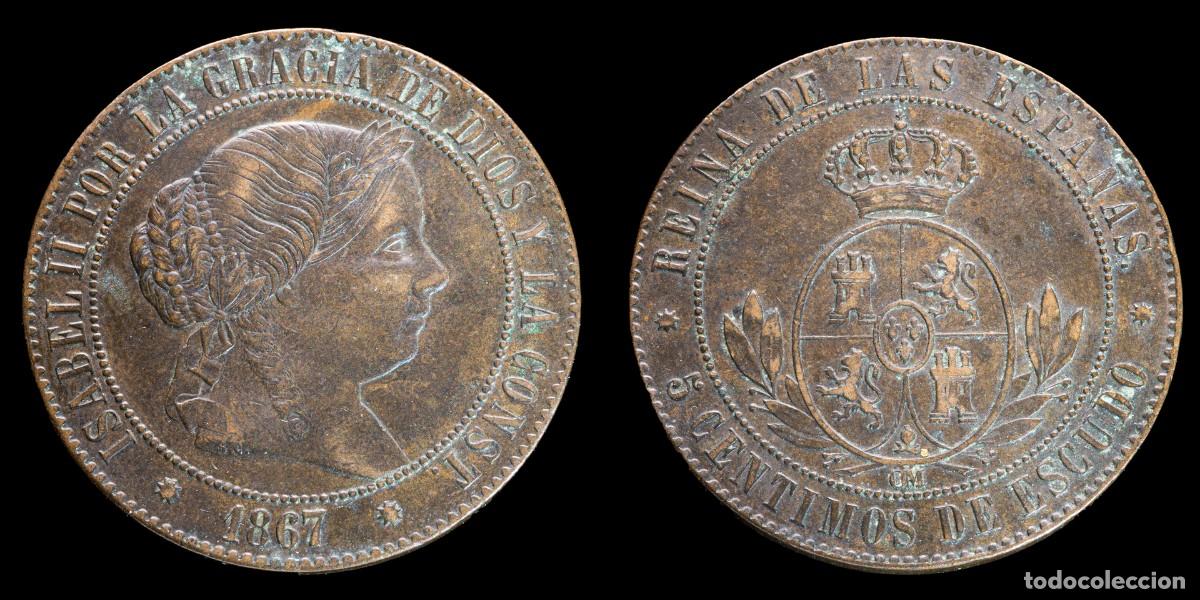 Monedas de Espa&ntilde;a: 1867, 5 Centimos Isabella II, Barcelona Mint - 32 mm / 12,54 gr.