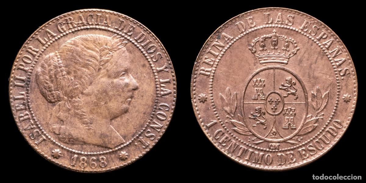 Monedas de Espa&ntilde;a: 1868, 1 Centimo de Escudo Isabella II, Barcelona Mint - 18 mm / 2,58 gr.