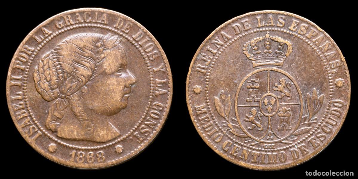 Monedas de Espa&ntilde;a: 1868, 1/2 Centimo de Escudo Isabella II, Barcelona Mint - 15 mm / 1,20 gr.