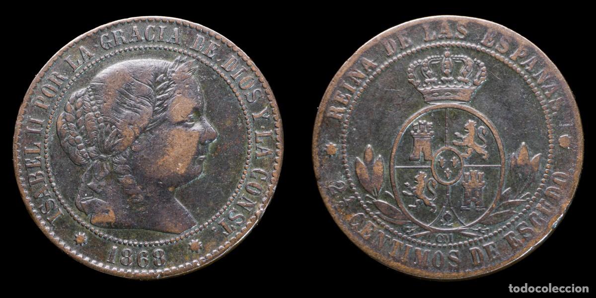 Monedas de Espa&ntilde;a: 1868, 2 1/2 Centimos Isabella II, Barcelona Mint - 25 mm / 5,67 gr.