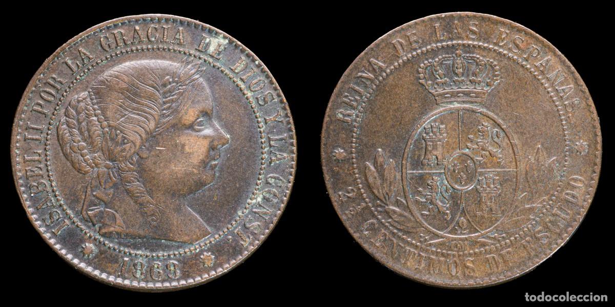 Monedas de Espa&ntilde;a: 1868, 2 1/2 Centimos Isabella II, Barcelona Mint - 25 mm / 6,42 gr.