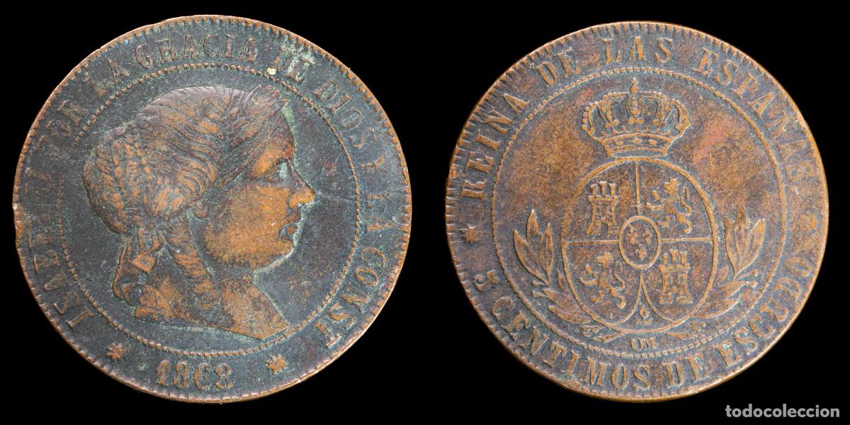 Monedas de Espa&ntilde;a: 1868, 5 Centimos Isabella II, Barcelona Mint - 32 mm / 11,99 gr.