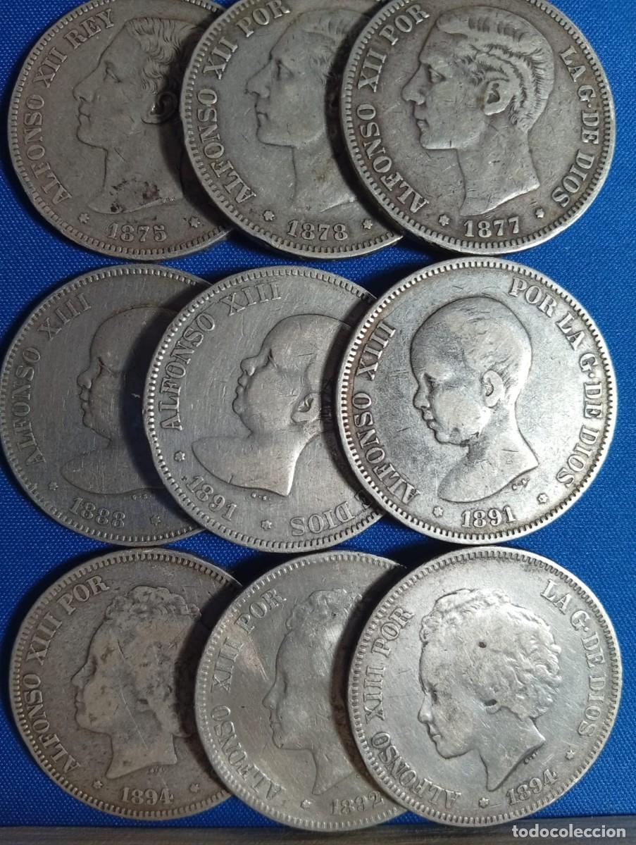 Monedas de Espa&ntilde;a: 9 monedas de plata de 5 Ptas ( duros ) varios a&ntilde;os