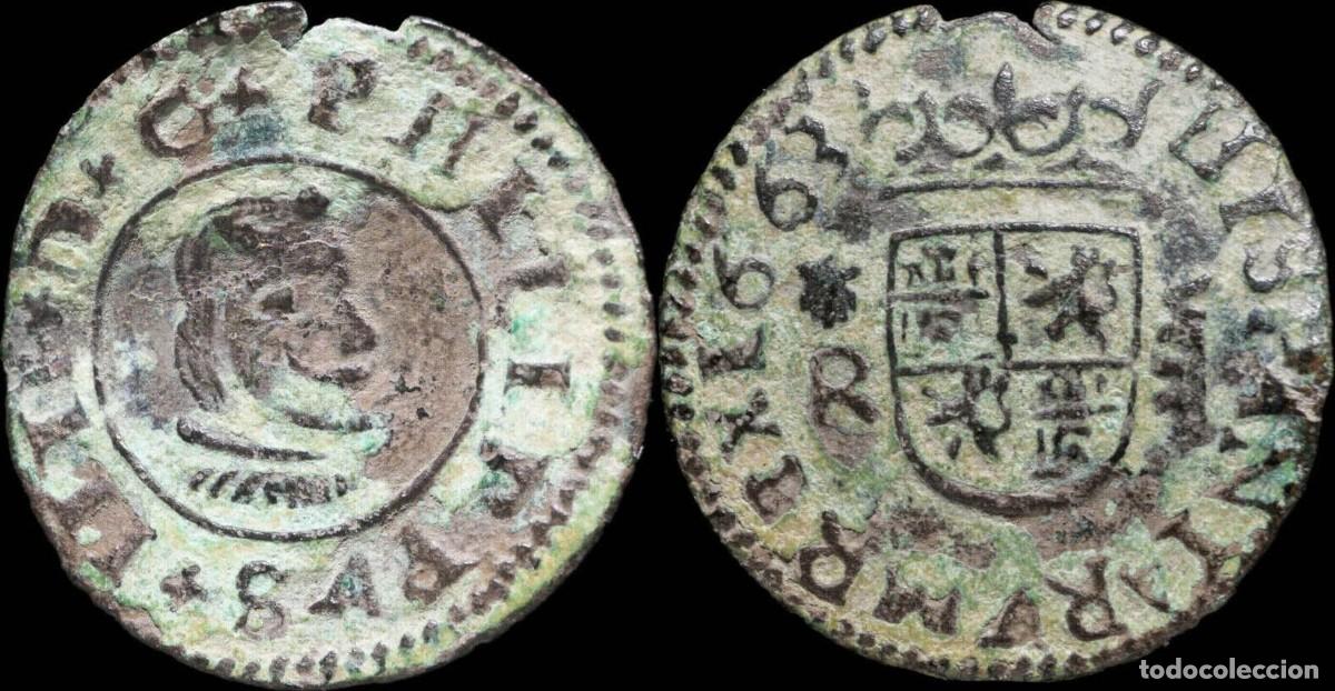 Monedas de Espa&ntilde;a: 1663, 8 Maravedis Philips IV, Coru&ntilde;a Mint - 21 mm / 1.54 gr.
