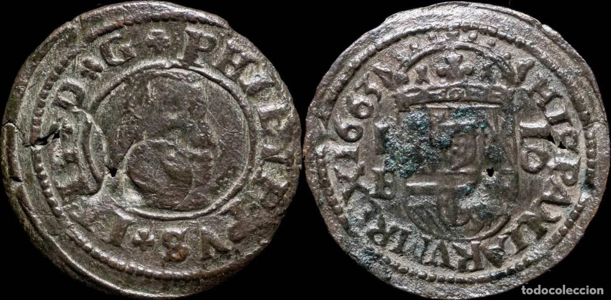 Moedas de Espanha: 1663, 16 Maravedis Philip IV, Burgos Mint. (Resello) - 25 mm / 2,8 gr