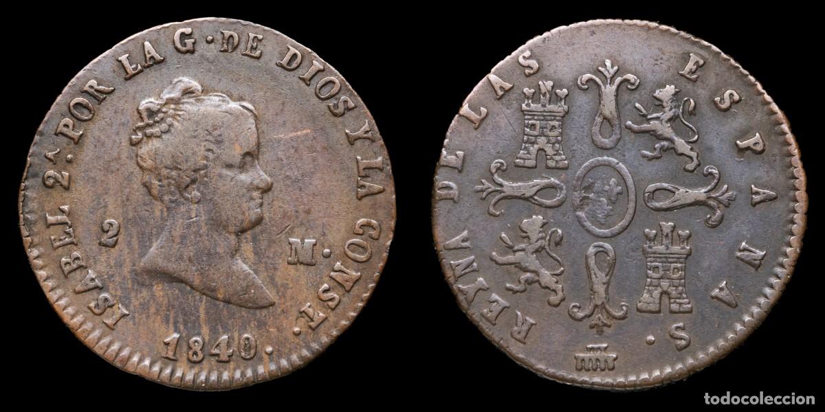 Monedas de Espa&ntilde;a: 1840, 2 Maravedis Isabella II, Segovia Mint - 19 mm / 2,09 gr.