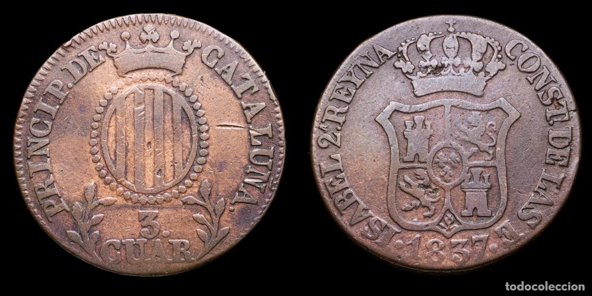 Monnaies d'Espagne: 1845, 3 Cuartos Isabella II, Principado de Catalu&ntilde;a Mint - 25 mm / 6,87 gr.