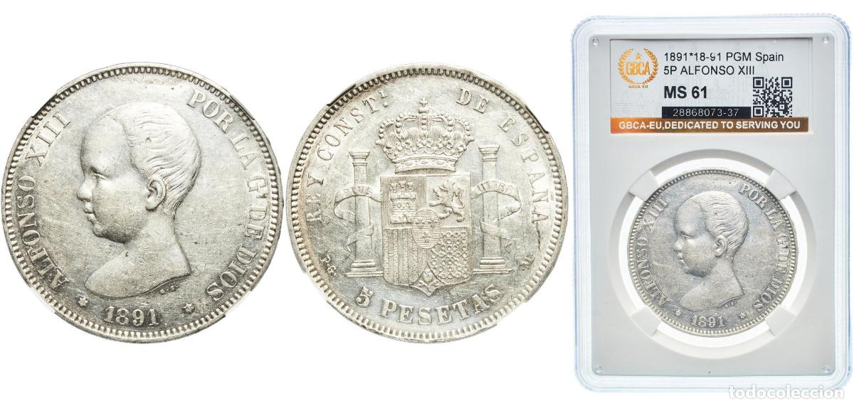 Monedas de Espa&ntilde;a: 5 Pesetas - Alfonso XIII (1st portrait) 1891 18-91 PGM