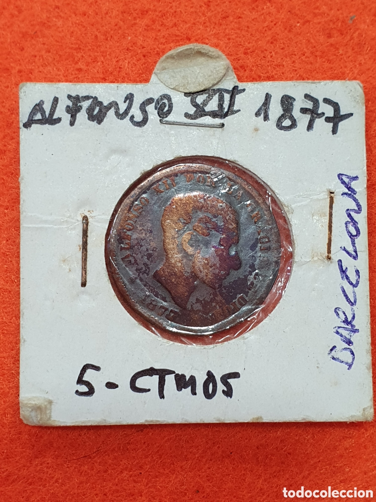 Moedas de Espanha: 5 c&eacute;ntimos 1877 Barcelona. Alfonso XII. (L128)