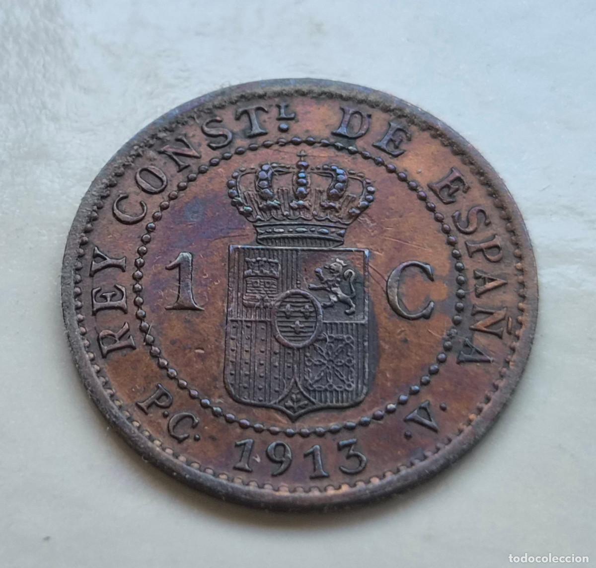 Monedas de Espa&ntilde;a: Alfonso XII 1 c&eacute;ntimo 1913 * 3 P.C.V. EBC - Foto 2
