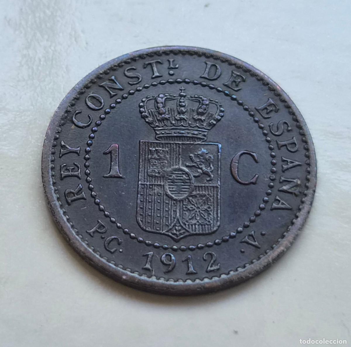 Monedas de Espa&ntilde;a: Alfonso XII 1 c&eacute;ntimo 1912 * 2 P.C.V. MBC+ - Foto 2