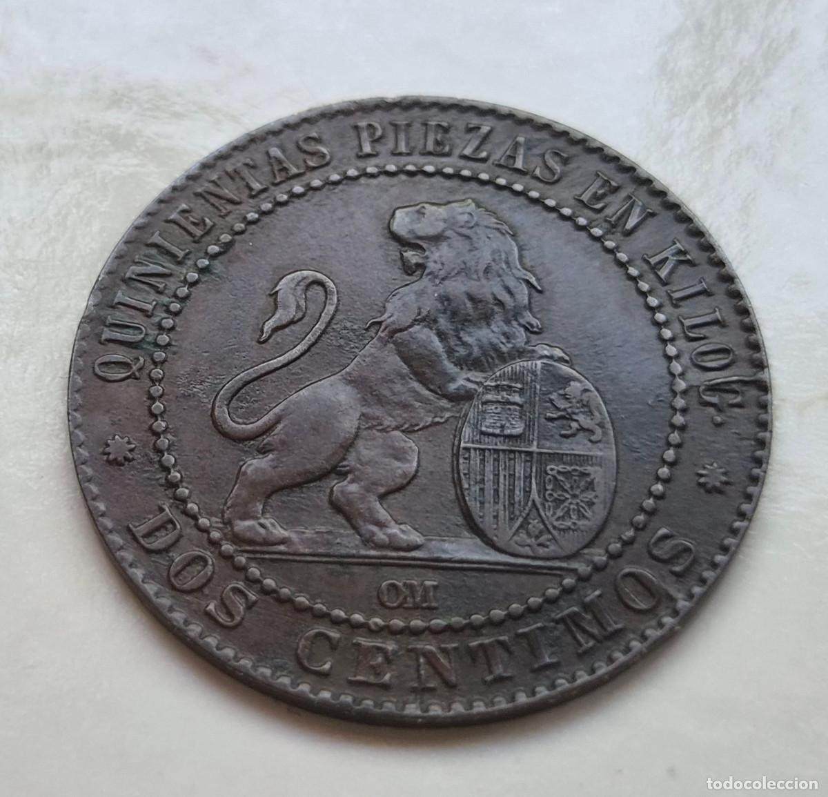 Monedas de Espa&ntilde;a: Rep&uacute;blica Espa&ntilde;ola. 2 c&eacute;ntimos 1870 Barcelona OM. Bonito MBC