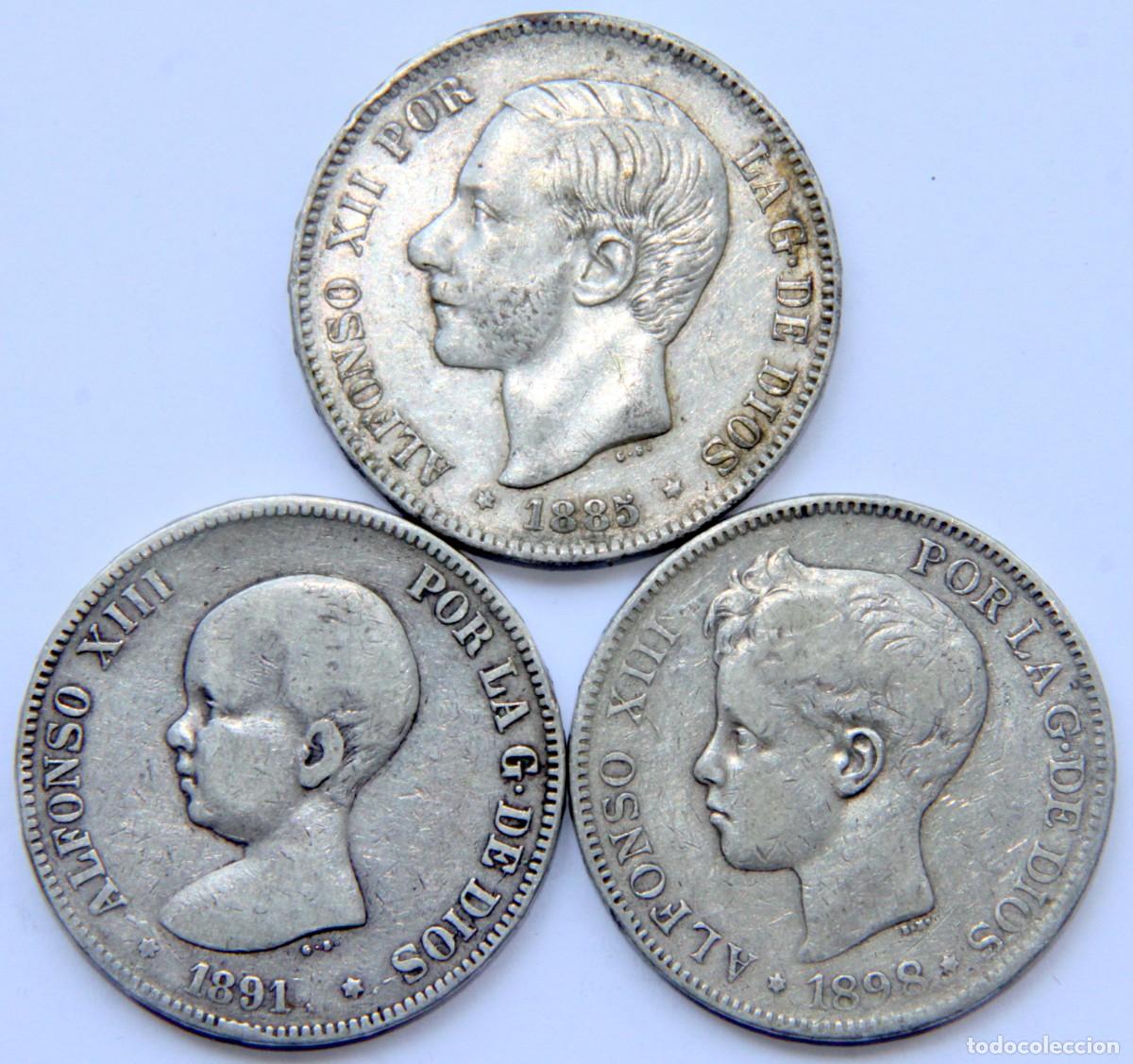 Monedas de Espa&ntilde;a: Am048 ESPA&Ntilde;A LOTE 3 MONEDAS ALFONSO XII-XIII 5 PESETAS - PLATA