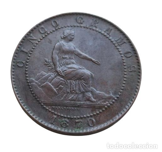 Monedas de Espa&ntilde;a: Rep&uacute;blica Espa&ntilde;ola. Barcelona OM 5 c&eacute;ntimos 1870. Muy bonito