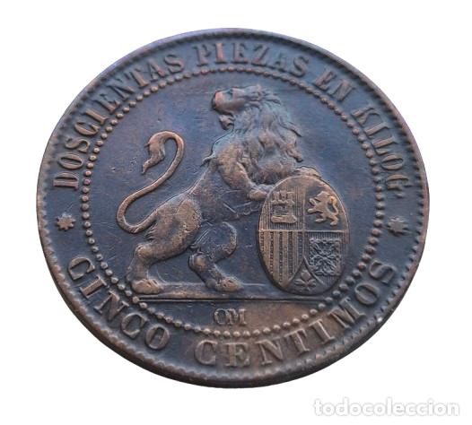 Monedas de Espa&ntilde;a: Rep&uacute;blica Espa&ntilde;ola. Barcelona OM 5 c&eacute;ntimos 1870. Bonito