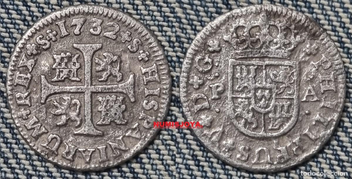 Monedas de Espa&ntilde;a: FELIPE V a&ntilde;o 1732 PJ. Medio Real Plata de Sevilla. Peso 1,23 gr. Di&aacute;metro 16 mm. Calic&oacute; 338.