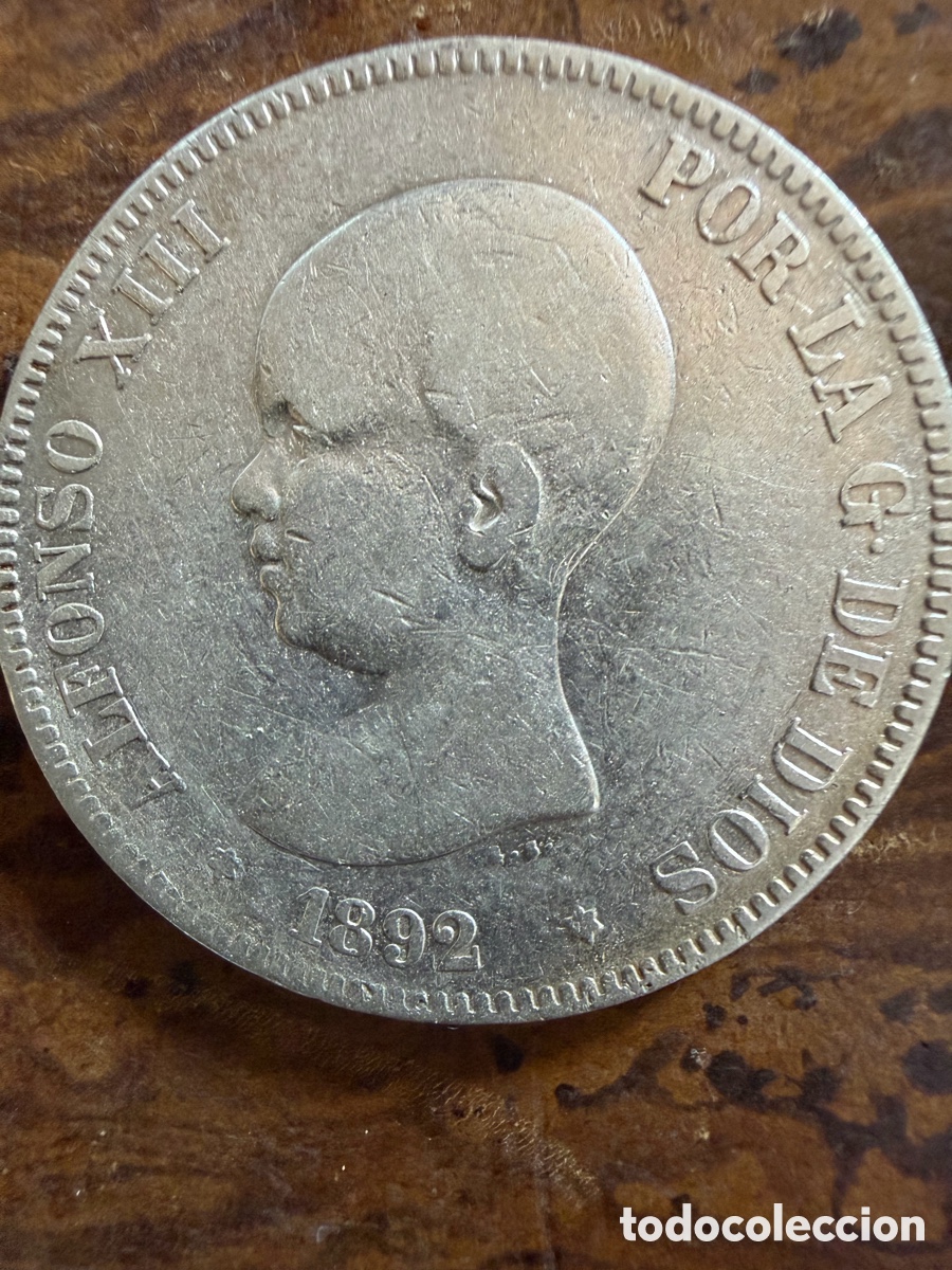 Monedas de Espa&ntilde;a: 1892 P.G.M ALFONSO XII 5 PESETAS PLATA DURO 9.25 MIL&Eacute;SIMAS