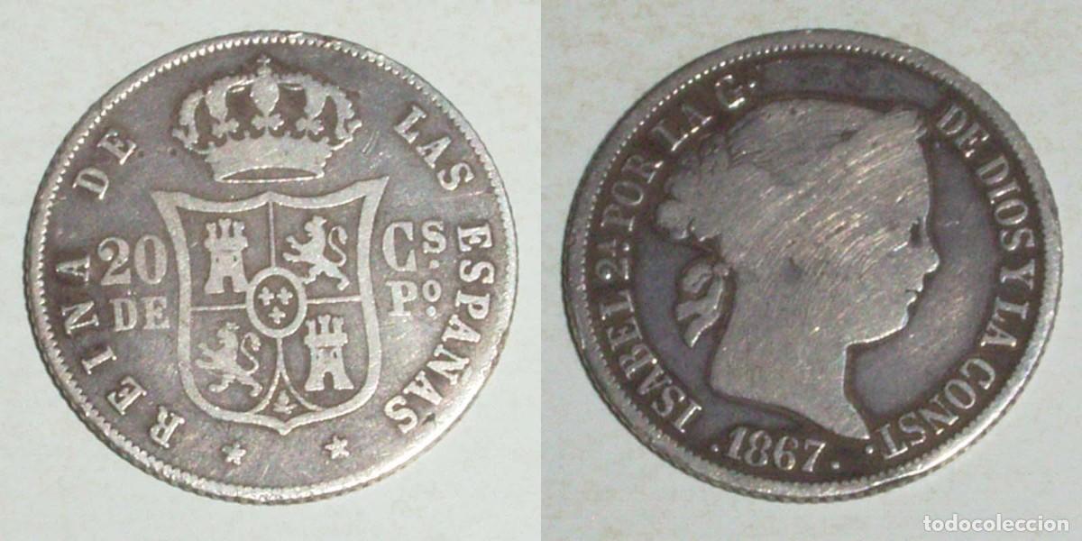 Monedas de Espa&ntilde;a: 20 Ctvos. de Peso 1867 Manila