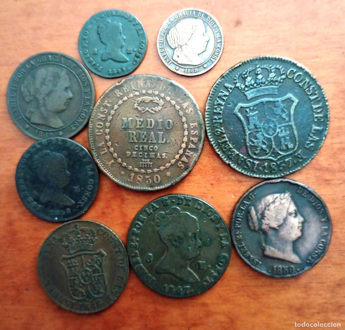 Monedas de Espa&ntilde;a: Isabel II. Hermoso lote de 9 monedas de cobre diferentes