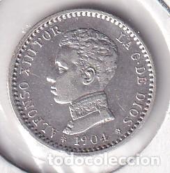 Monedas de Espa&ntilde;a: MONEDA DE PLATA DE ESPA&Ntilde;A DE 50 CENTIMOS DE ALFONSO XIII - SM V DEL A&Ntilde;O 1904 *0-4