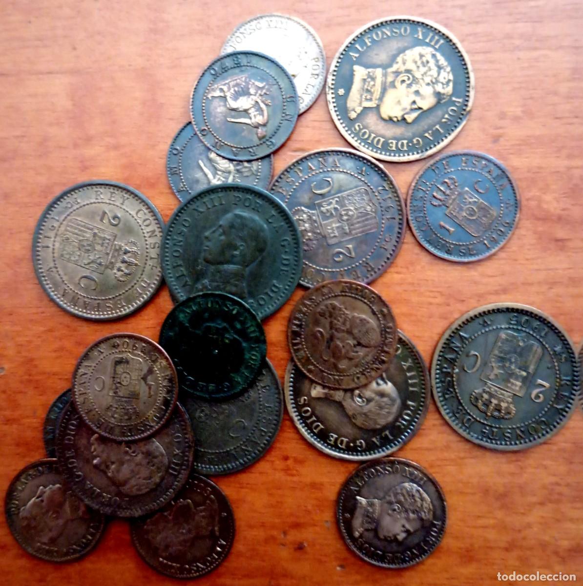 Monedas de Espa&ntilde;a: Lote de 20 cobres de 1 y 2 c&eacute;ntimos