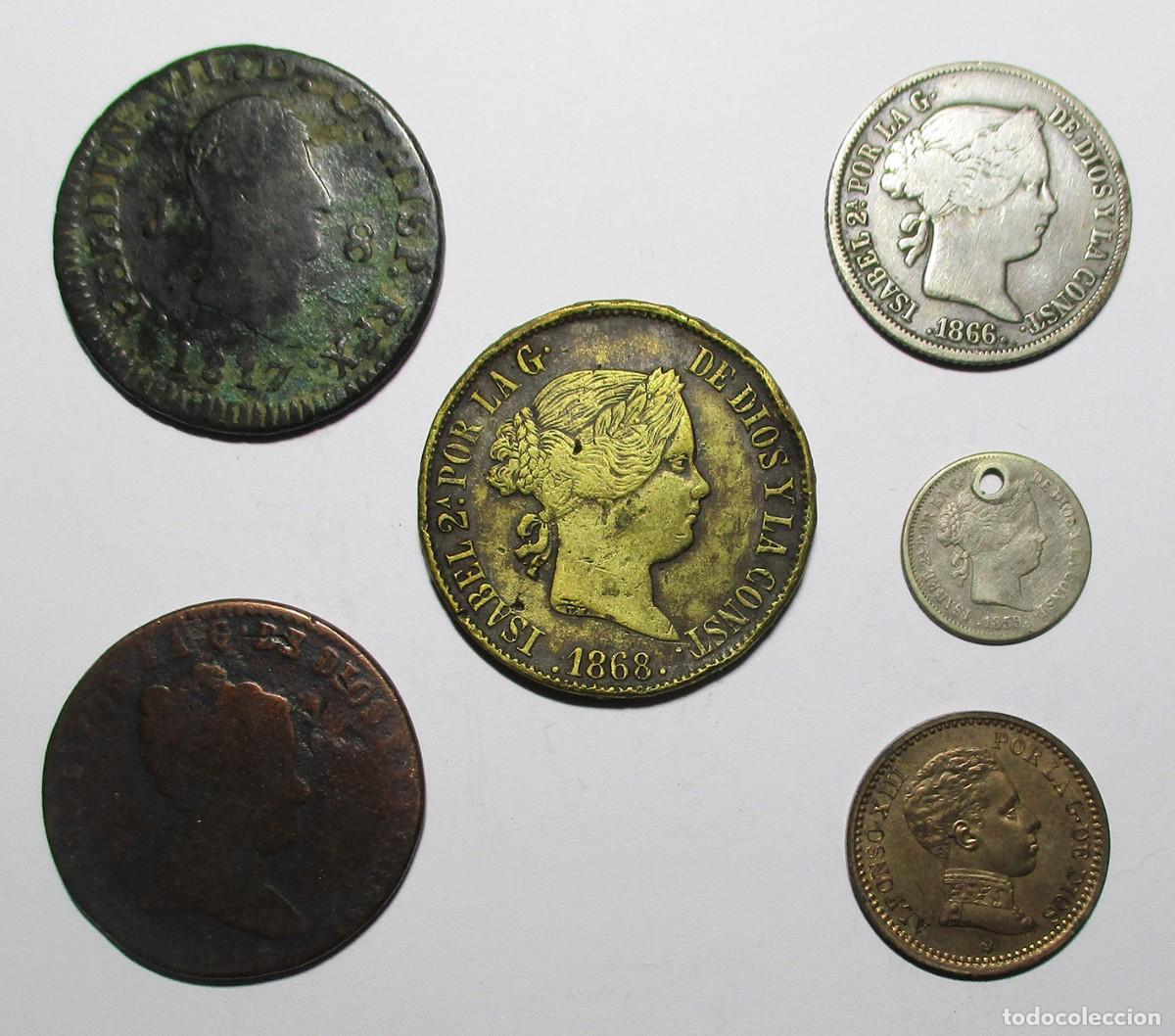 Monedas de Espa&ntilde;a: CONJUNTO DE 6 MONEDAS ESPA&Ntilde;OLAS ANTIGUAS EN PLATA, LATON Y COBRE. LOTE 5716