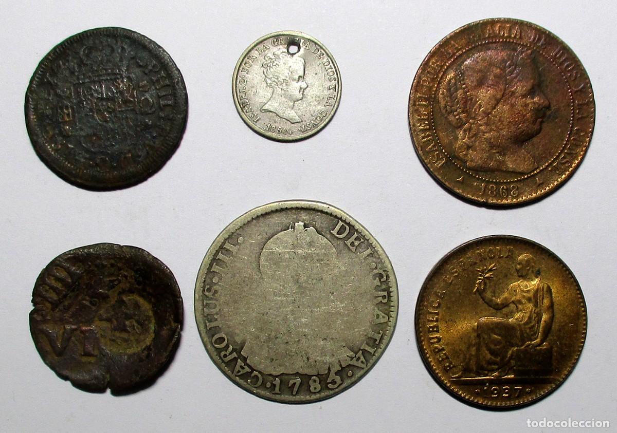 Monedas de Espa&ntilde;a: CONJUNTO DE 6 MONEDAS ESPA&Ntilde;OLAS ANTIGUAS EN PLATA Y COBRE. LOTE 5717