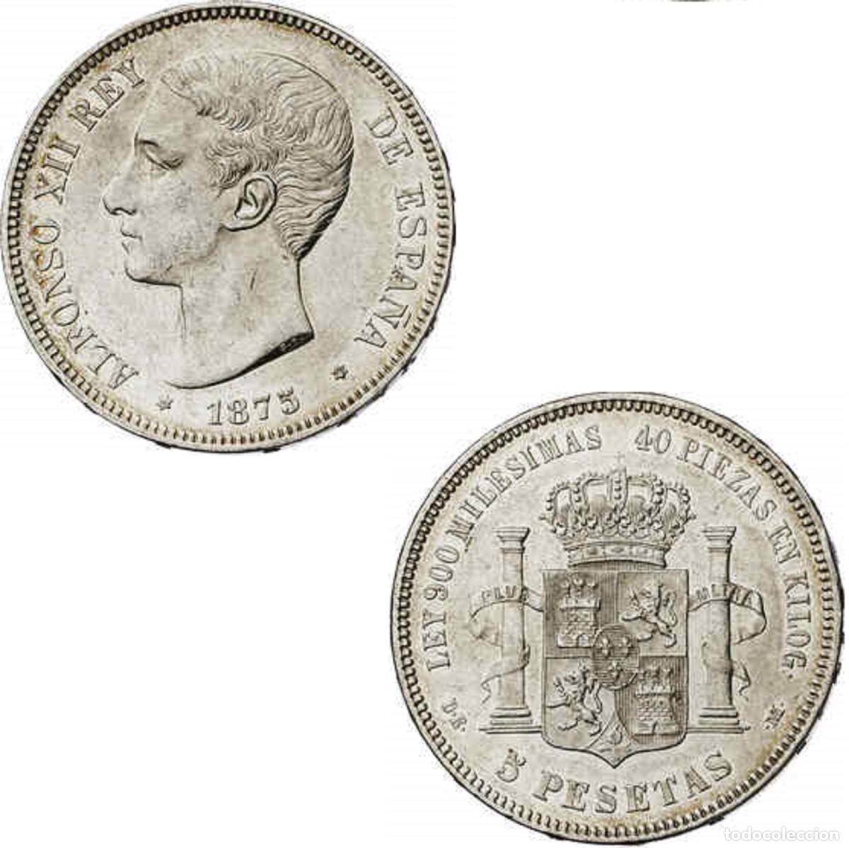 Monedas de Espa&ntilde;a: *GUTSE*339-ALFONSO XII, 5 PESETAS 1875*18-75, MADRID DE M, PLATA, EBC-.