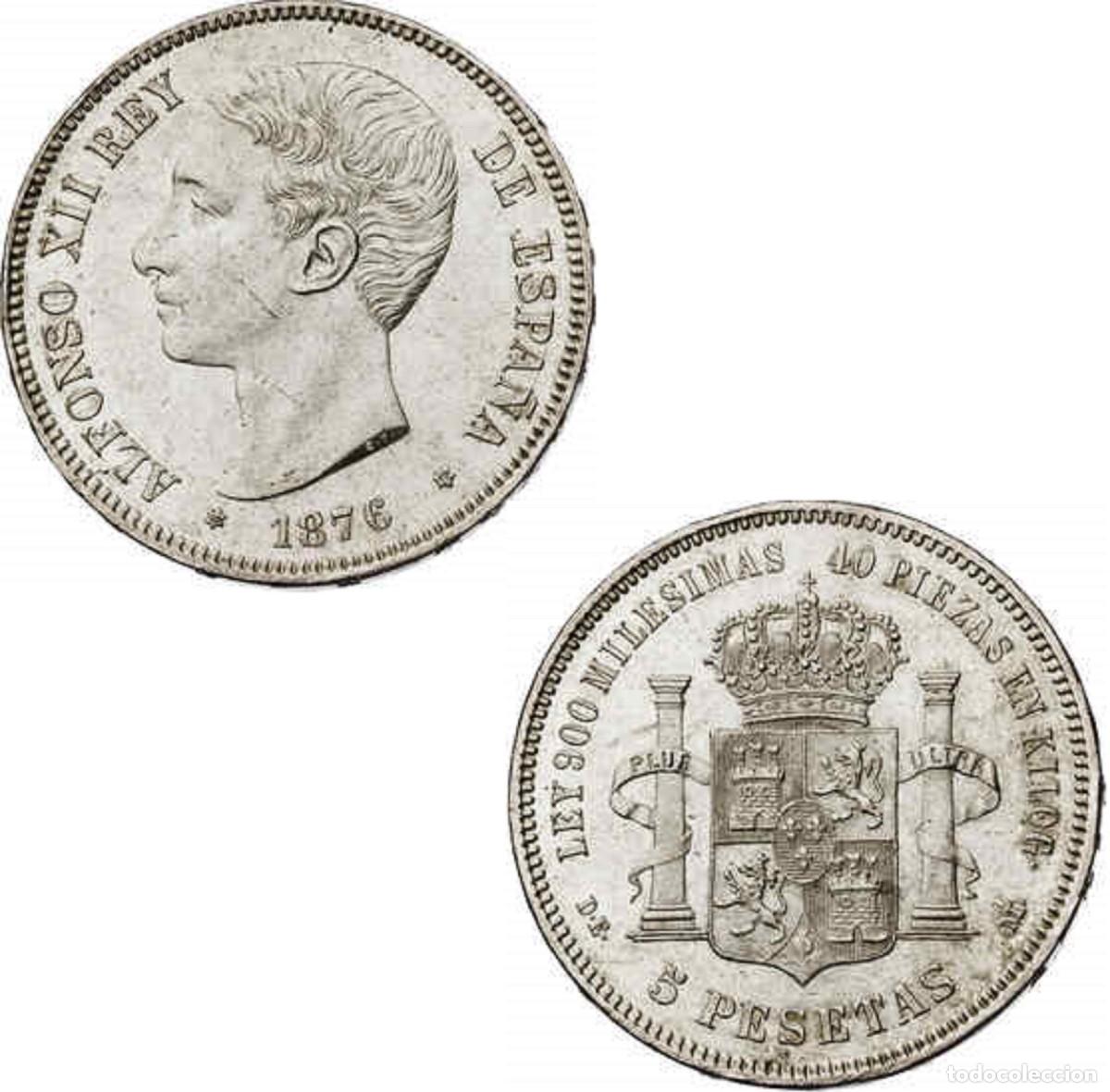 Monedas de Espa&ntilde;a: *GUTSE*340-ALFONSO XII, 5 PESETAS 1876*18-76, MADRID DE M, PLATA, B.O., EBC.