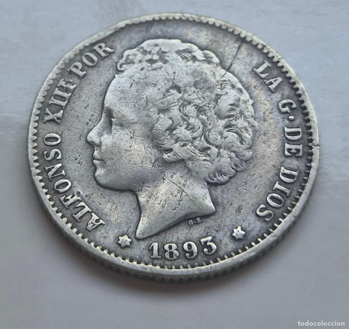 Monedas de Espa&ntilde;a: ALFONSO XII 1 PESETA P.G.L. 1893 * (18-93) Difuminadas pero visibles