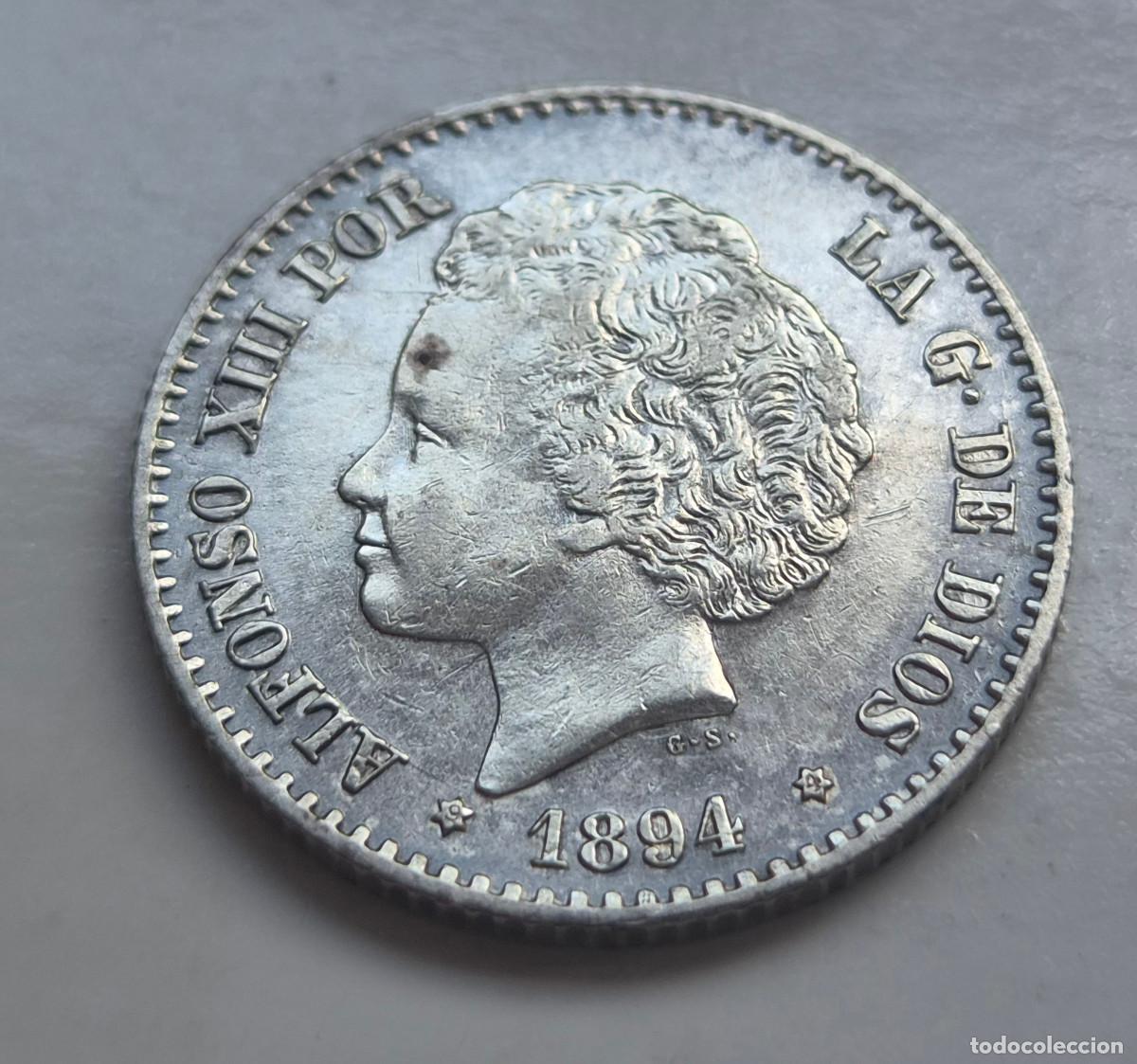 Monedas de Espa&ntilde;a: ALFONSO XIII 50 CENTIMOS P.G.V. 1894 * (9-4) Muy bonito PLATA. Brillo original