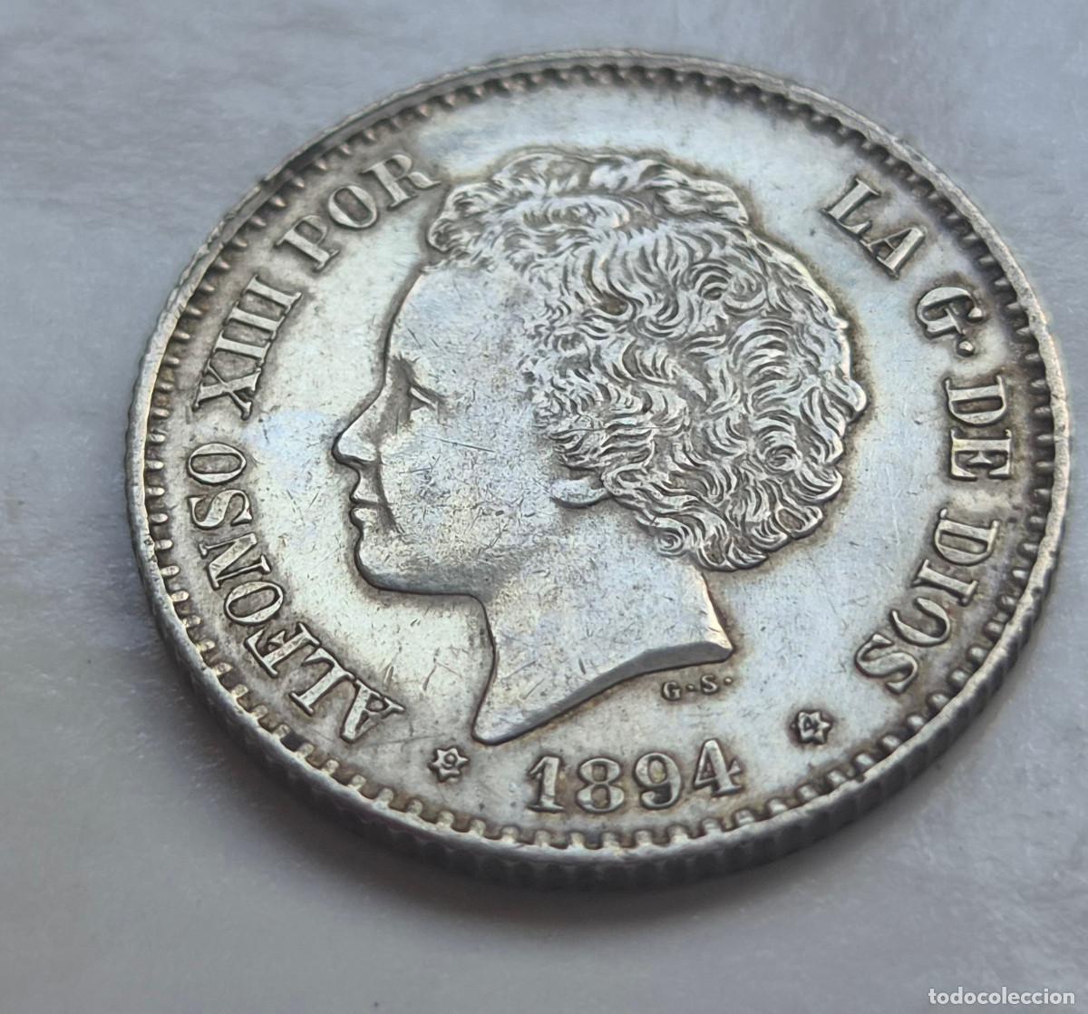 Monedas de Espa&ntilde;a: ALFONSO XIII 50 CENTIMOS P.G.V. 1894 * (9-4) Bonito PLATA. Restos de Brillo original