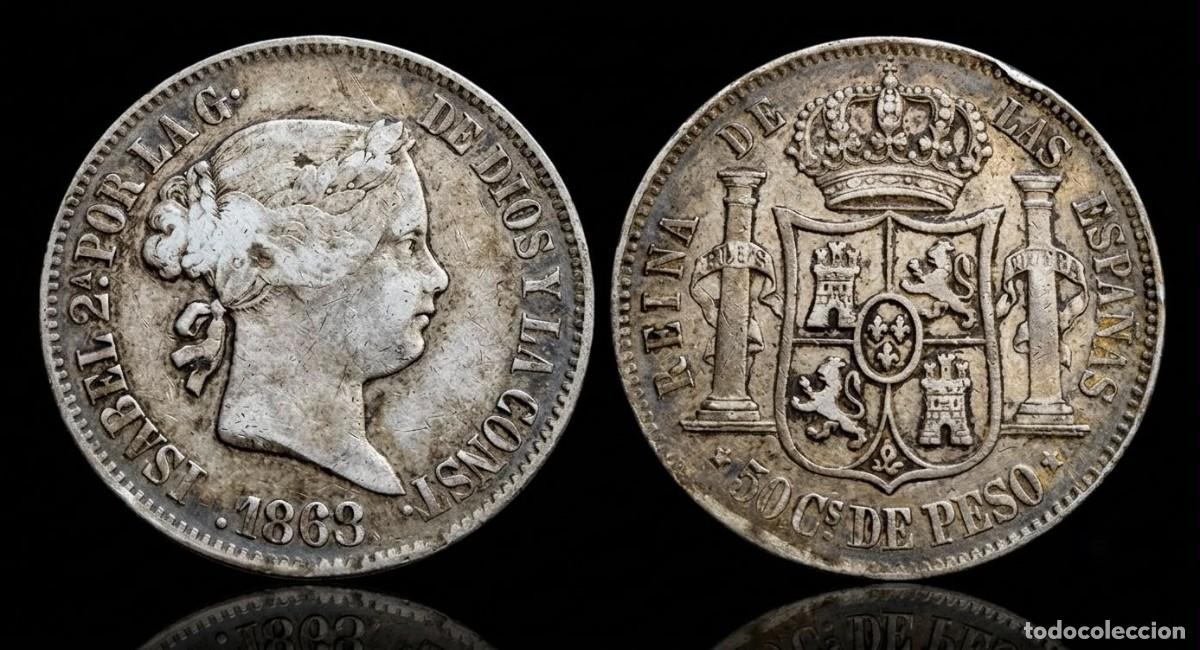 Monedas de Espa&ntilde;a: Espa&ntilde;a Isabel II - 50 Centavos de Peso 1868 Manila Km 147 Plata