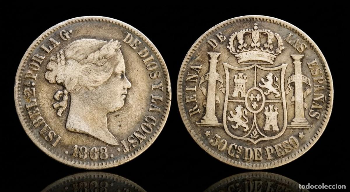 Monedas de Espa&ntilde;a: Espa&ntilde;a Isabel II - 50 Centavos de Peso 1868 Manila Km 147 Plata
