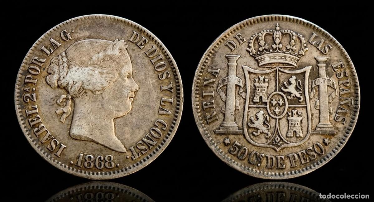Monedas de Espa&ntilde;a: Espa&ntilde;a Isabel II - 50 Centavos de Peso 1868 Manila Km 147 Plata