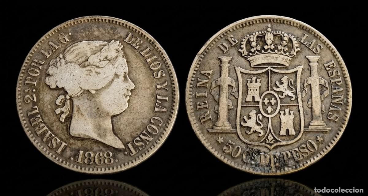 Monedas de Espa&ntilde;a: Espa&ntilde;a Isabel II - 50 Centavos de Peso 1868 Manila Km 147 Plata