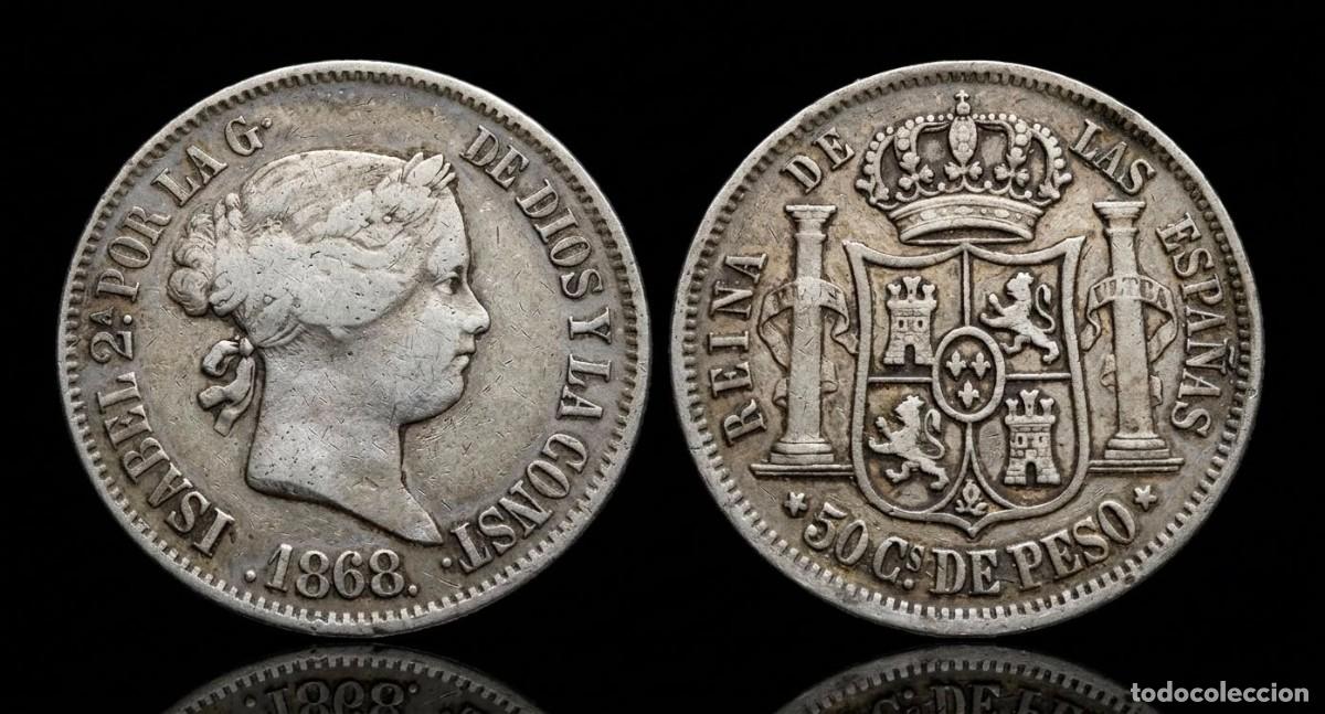 Monedas de Espa&ntilde;a: Espa&ntilde;a Isabel II - 50 Centavos de Peso 1868 Manila Km 147 Plata