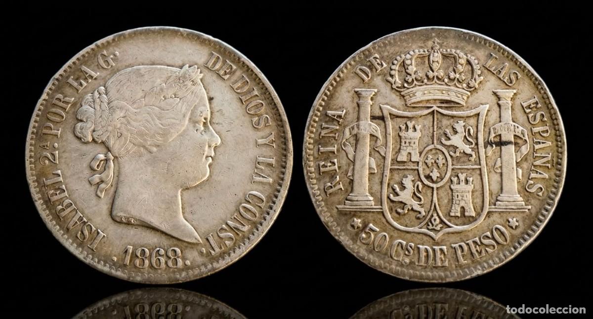 Monedas de Espa&ntilde;a: Espa&ntilde;a Isabel II - 50 Centavos de Peso 1868 Manila Km 147 Plata