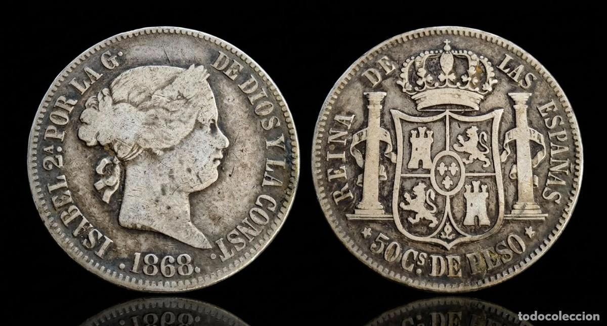 Monedas de Espa&ntilde;a: Espa&ntilde;a Isabel II - 50 Centavos de Peso 1868 Manila Km 147 Plata