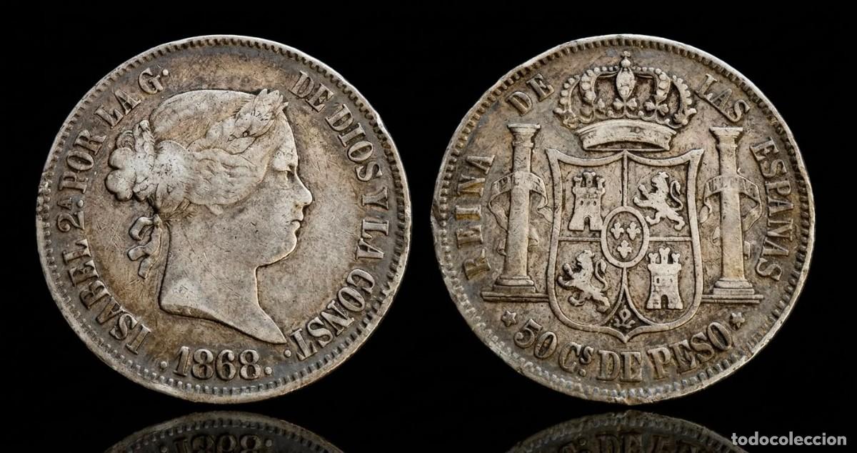 Monedas de Espa&ntilde;a: Espa&ntilde;a Isabel II - 50 Centavos de Peso 1868 Manila Km 147 Plata