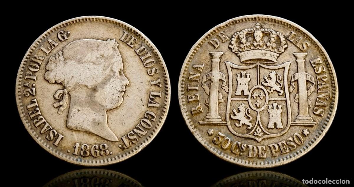 Monedas de Espa&ntilde;a: Espa&ntilde;a Isabel II - 50 Centavos de Peso 1868 Manila Km 147 Plata