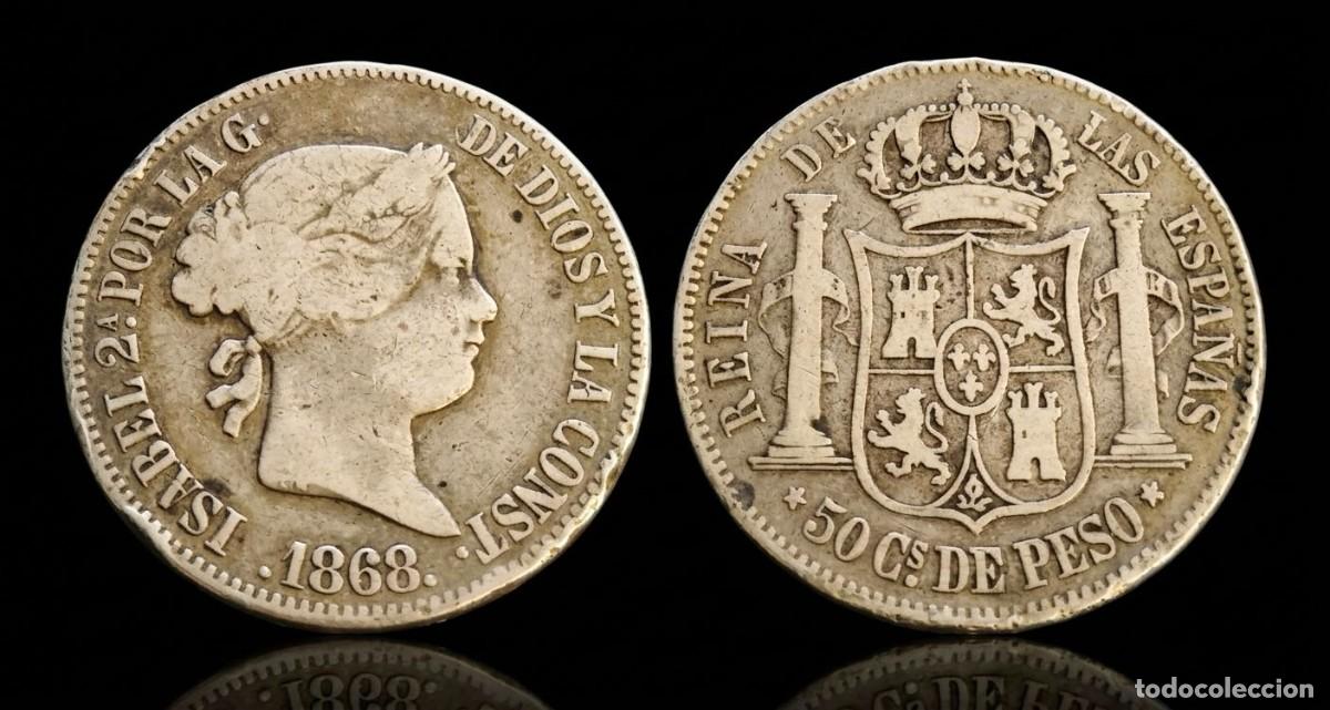 Monedas de Espa&ntilde;a: Espa&ntilde;a Isabel II - 50 Centavos de Peso 1868 Manila Km 147 Plata