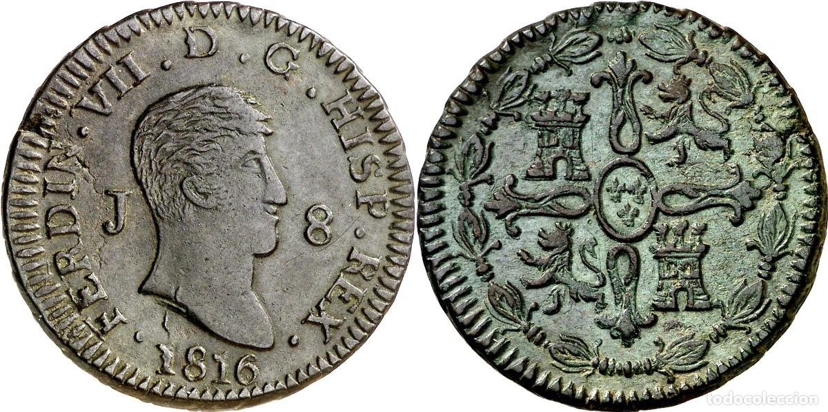 Monedas de Espa&ntilde;a: SC. Spain-Fernando VII. 8 Maraved&iacute;s 1816 Jubia. MBC+/VF+ Cobre 11,12 g. Escasa